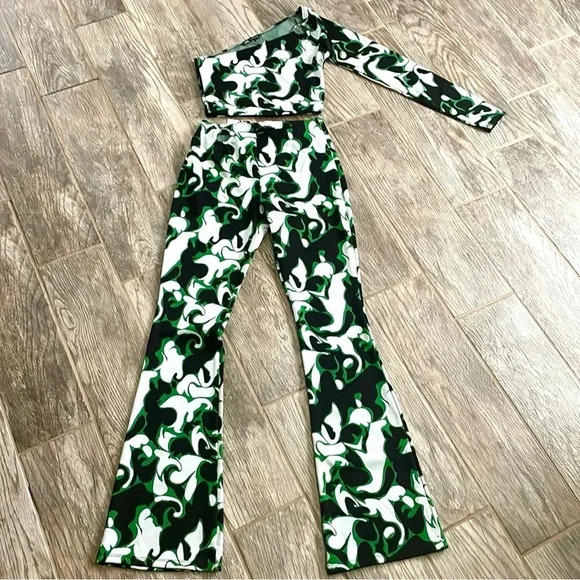 Zara Jacquard Asymmetrical one arm Top & wide leg pants set Size M 70s Retro NWT - Picture 4 of 16